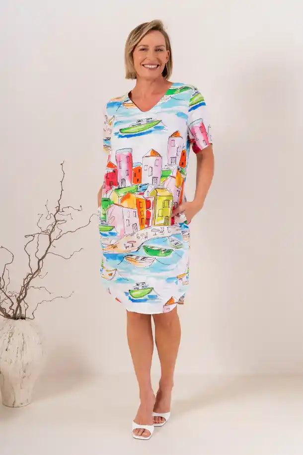 See Saw Linen Soft V-Neck Dress in Seaside Print