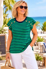 See Saw Button Detail T-Shirt in Green and Navy