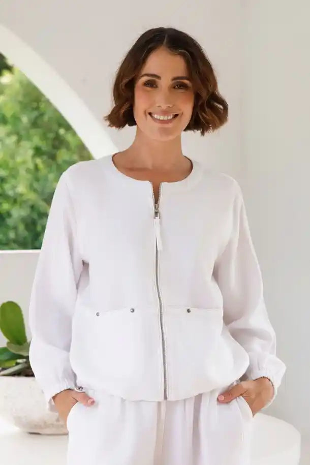 See Saw Linen Tencel Zip Jacket in White