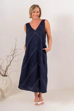 See Saw Embroidery Stitch Dress in Navy and White Stitch