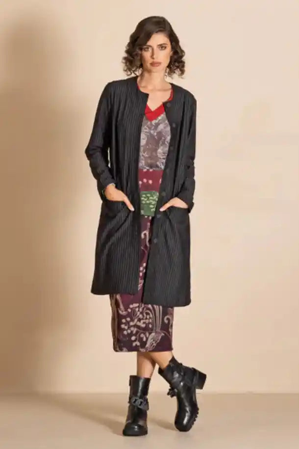 Megan Salmon Pinstripe Quartermaster Coat in Black and White