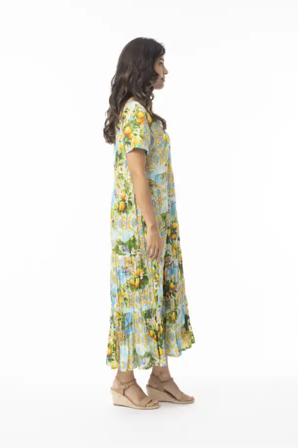 Orientique Layers Dress with Square Neckline in Amalfi Print