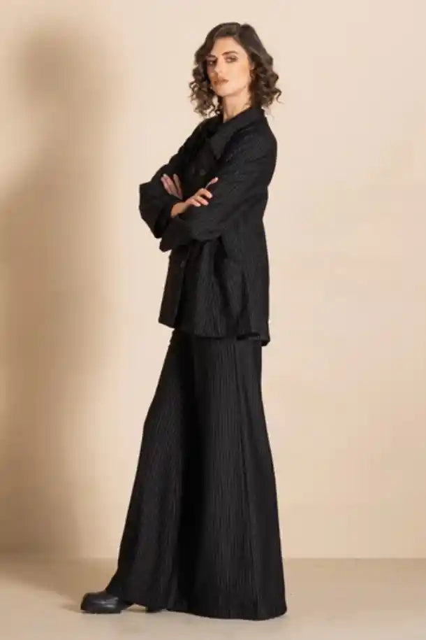 Megan Salmon Pinstripe Car Coat in Black and White Stripe