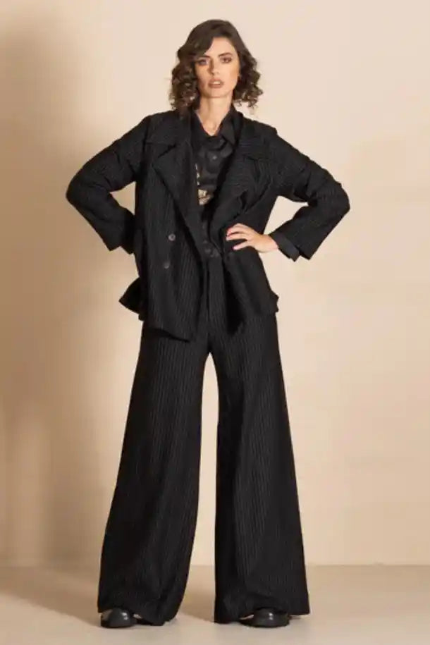 Megan Salmon Pinstripe Car Coat in Black and White Stripe