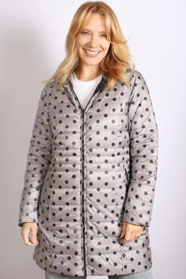 Sabena Reversible Down Jacket with Detachable Hood in Polka Dot & Black