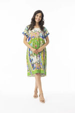 Orientique Santa Fe Boxy Dress in Aqua, Reds, Greens and Pink Print
