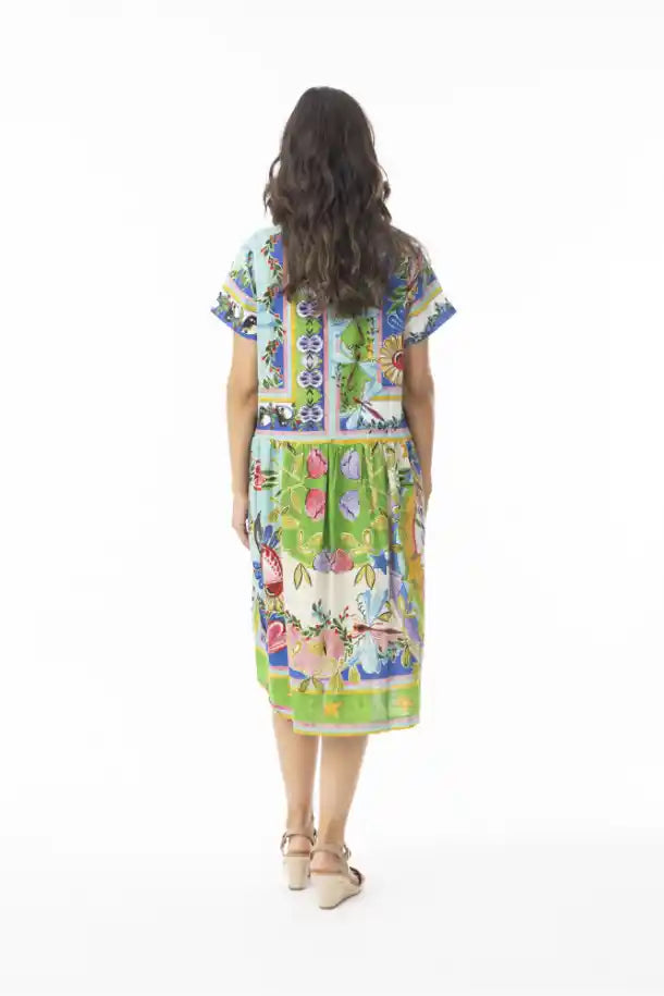 Orientique Santa Fe Boxy Dress in Aqua, Reds, Greens and Pink Print
