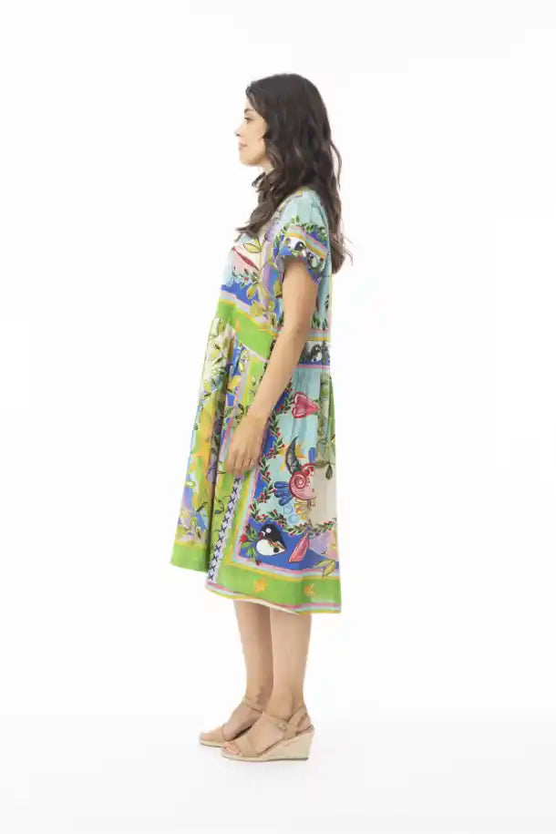 Orientique Santa Fe Boxy Dress in Aqua, Reds, Greens and Pink Print
