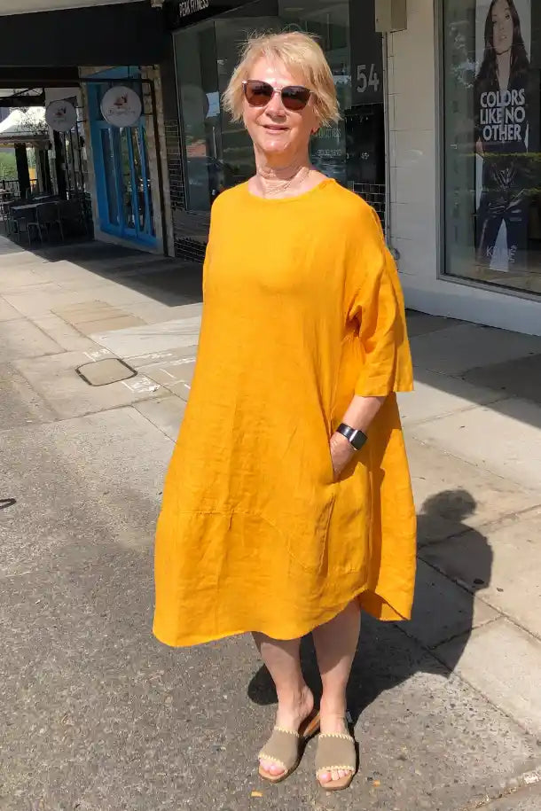 Athens DS Collection Linen Dress in Sun Yellow