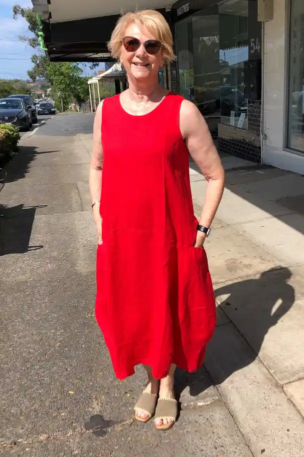 Athens DS Collection Linen Dress in Coral/Red