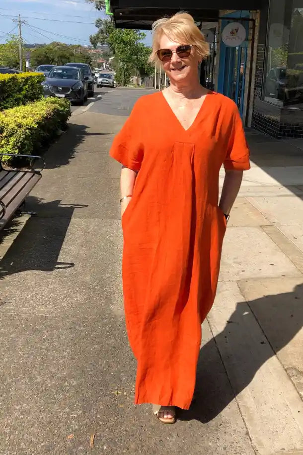 Athens DS Collection Linen Dress in Terracotta