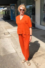 Athens DS Collection V-Neck Linen Top in Terracotta