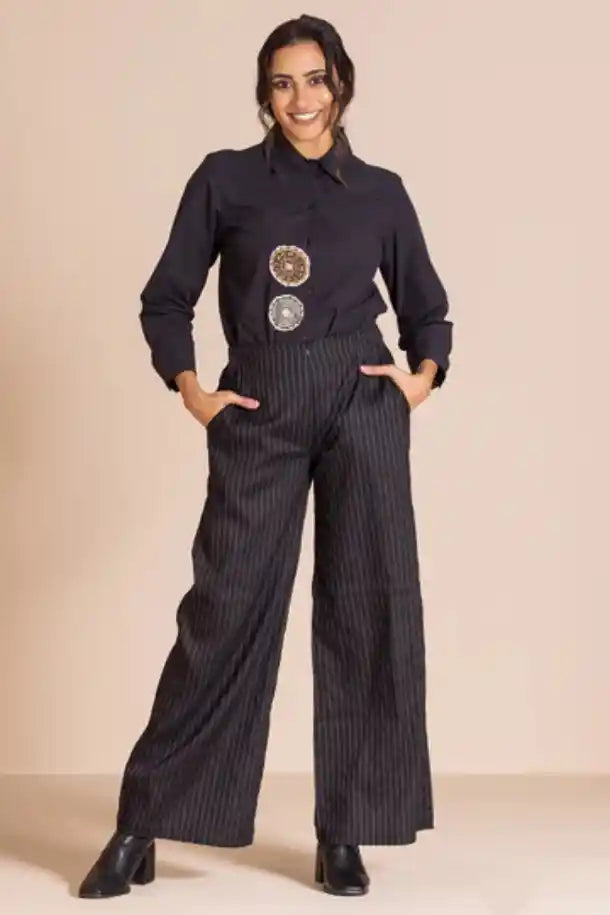 Megan Salmon Pinstripe Mariner Pant in Black and White