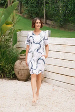 See Saw Linen Soft V-Neck Dress in Riverstone Print