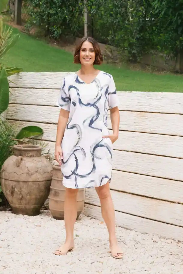 See Saw Linen Soft V-Neck Dress in Riverstone Print