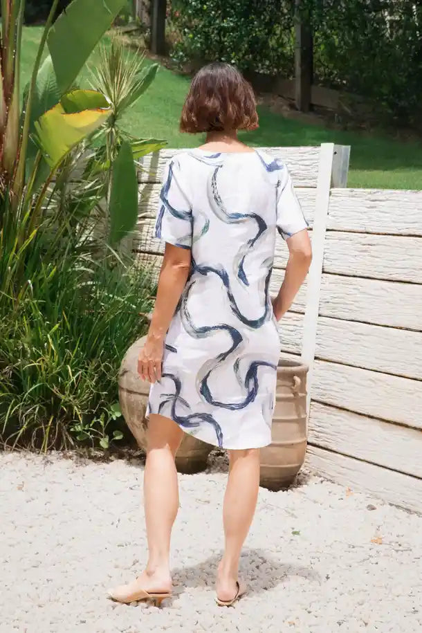 See Saw Linen Soft V-Neck Dress in Riverstone Print