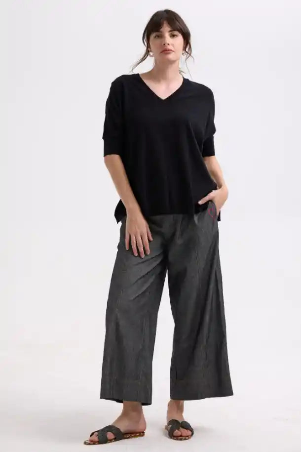 Zaket & Plover Pointelle Shoulder Top in Black