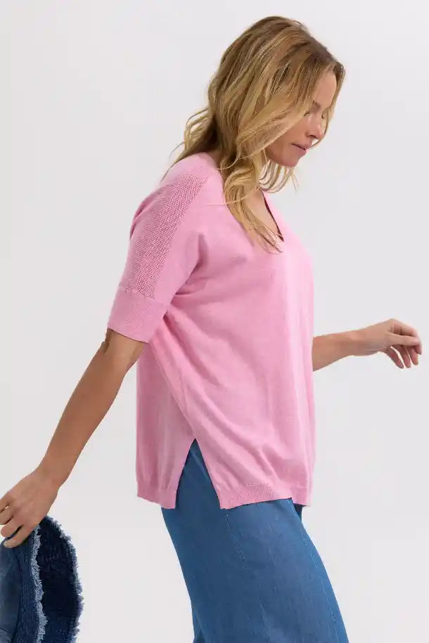 Zaket & Plover Pointelle Shoulder Top in Fondant Pink