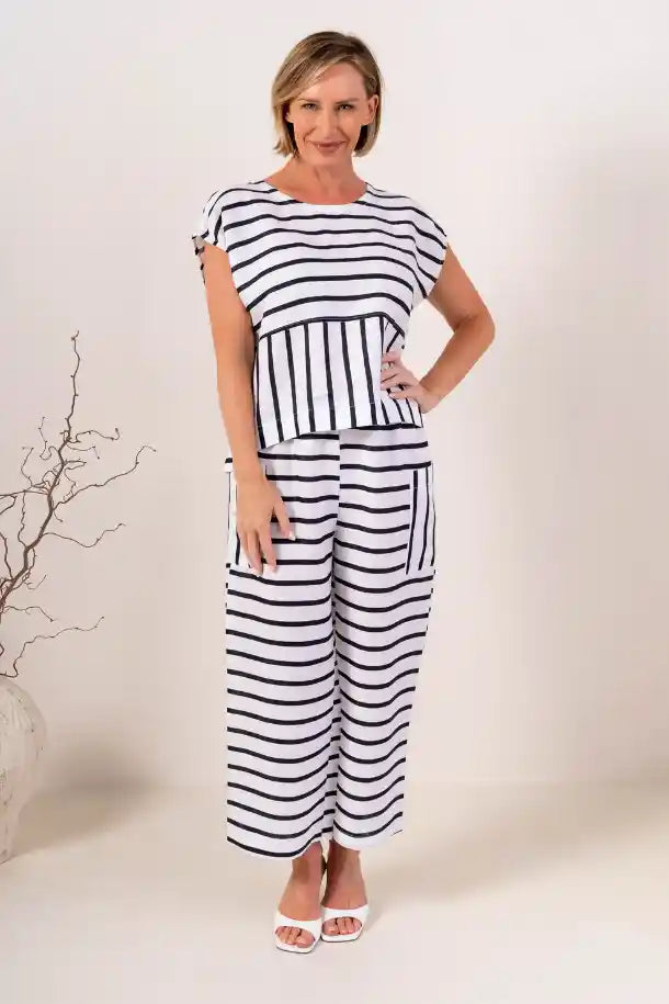See Saw Linen Cap Sleeve Top in Navy and White Stripes