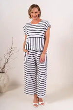 See Saw Linen Cap Sleeve Top in Navy and White Stripes