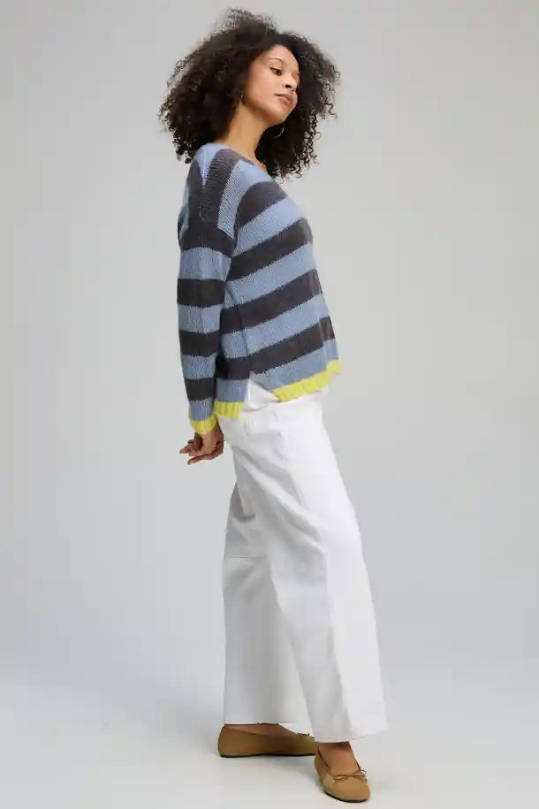 Zaket & Plover Cosy Kid Stripe V Sweater in Mist