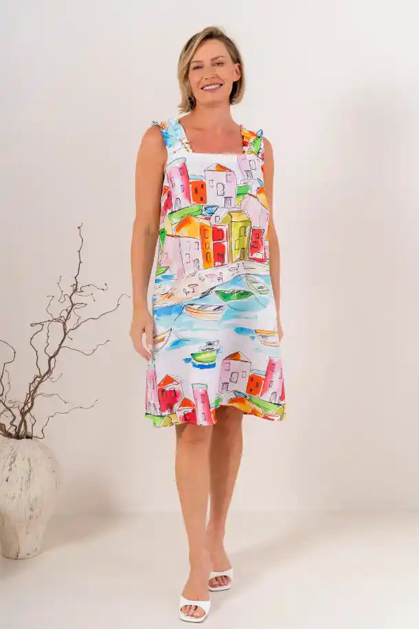 See Saw Linen Square Neck Dress in Seaside Print