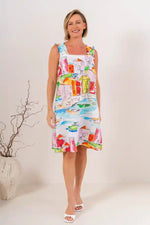 See Saw Linen Square Neck Dress in Seaside Print