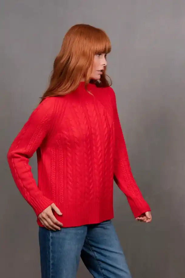 Bridge & Lord Cable Raglan Pullover in Cayenne Red