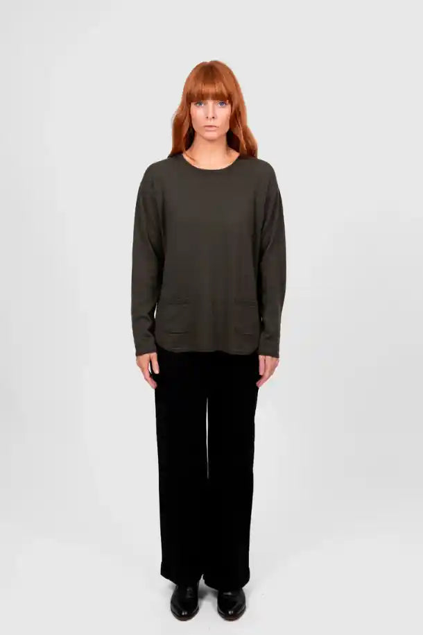 Bridge & Lord Relaxed Curve Hem Pullover in Olive