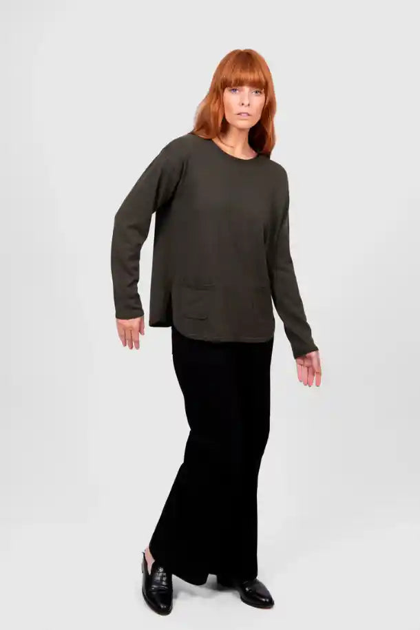 Bridge & Lord Relaxed Curve Hem Pullover in Olive