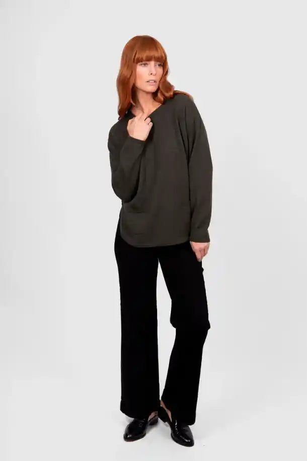 Bridge & Lord Relaxed Curve Hem Pullover in Olive