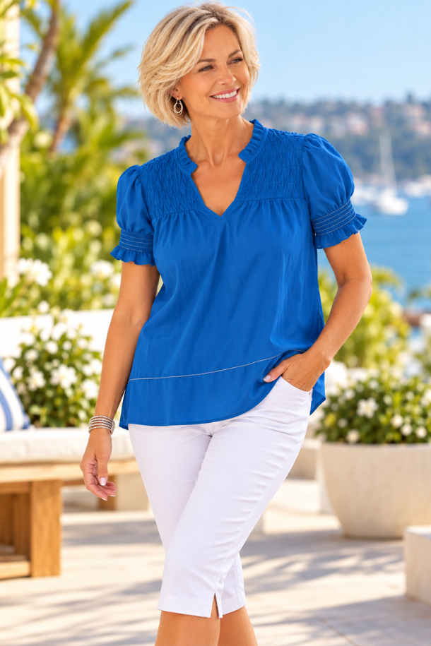 Blackstone Rosella Stitch Detail Top in Bay Blue