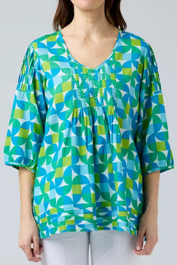 Cake Sally Top in Square Circles Green, Blue and White