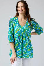 Cake Sally Top in Square Circles Green, Blue and White