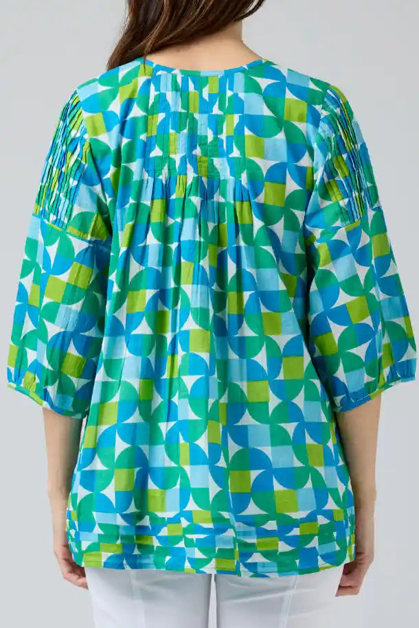 Cake Sally Top in Square Circles Green, Blue and White