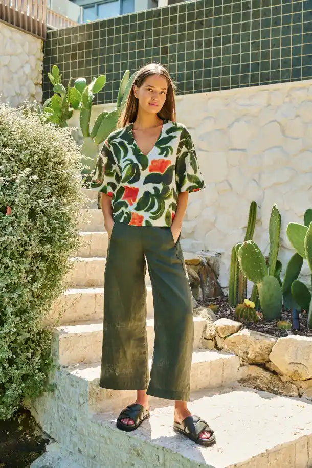 Naturals Tuileries Linen Top in Olive Green, Orange and Cream