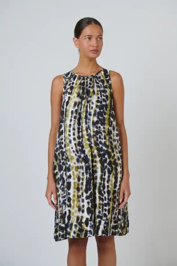 Naturals Lichen Linen Dress in Olive, Black, Blues and Cream