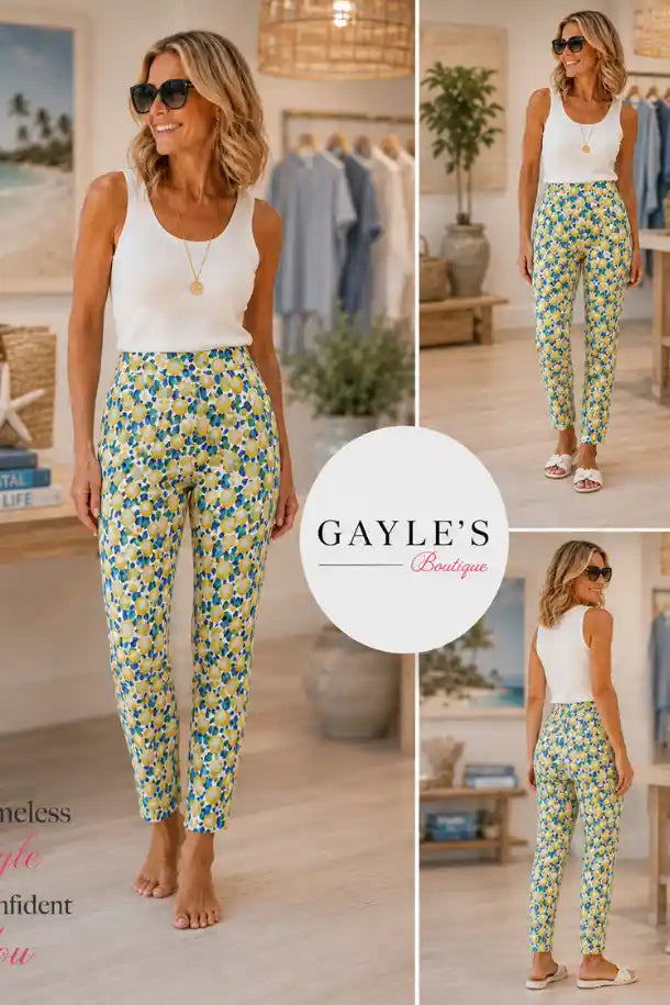up! Pants Lemon Blossom Techno Petal Slit Ankle Pant in lemon Blossom Print