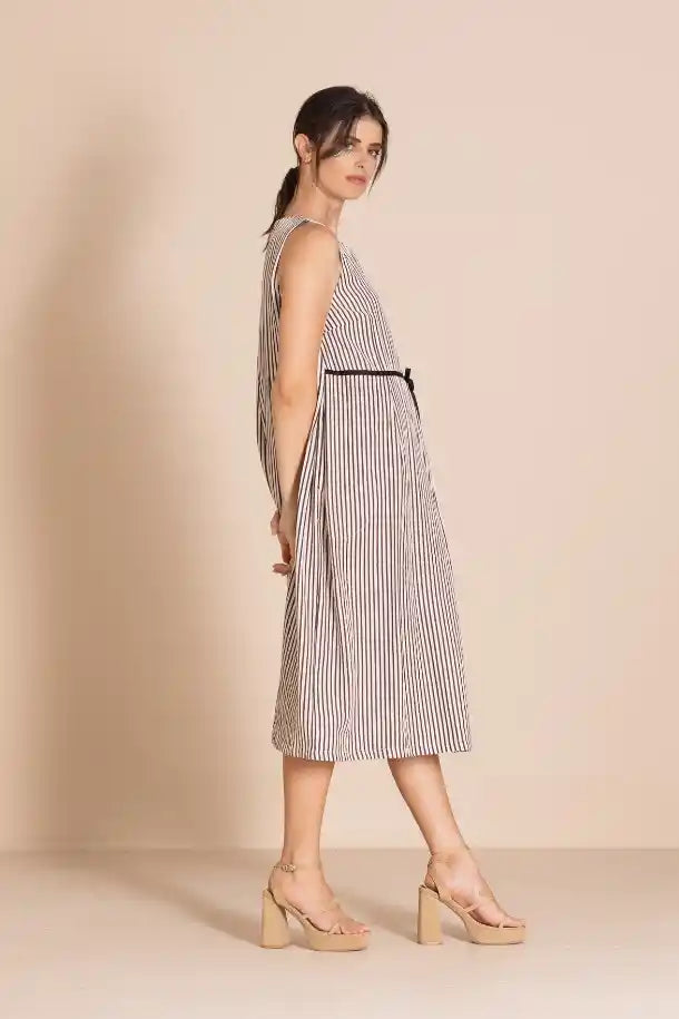 Megan Salmon Candy Stripe Molly Slip Dress in Black and Cream Stripes