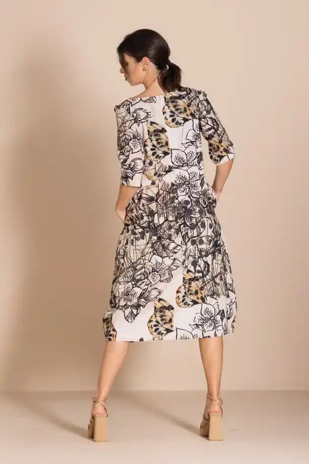 Megan Salmon Rosencrantz Romance Dress in Black, Greys, Beige and Tan