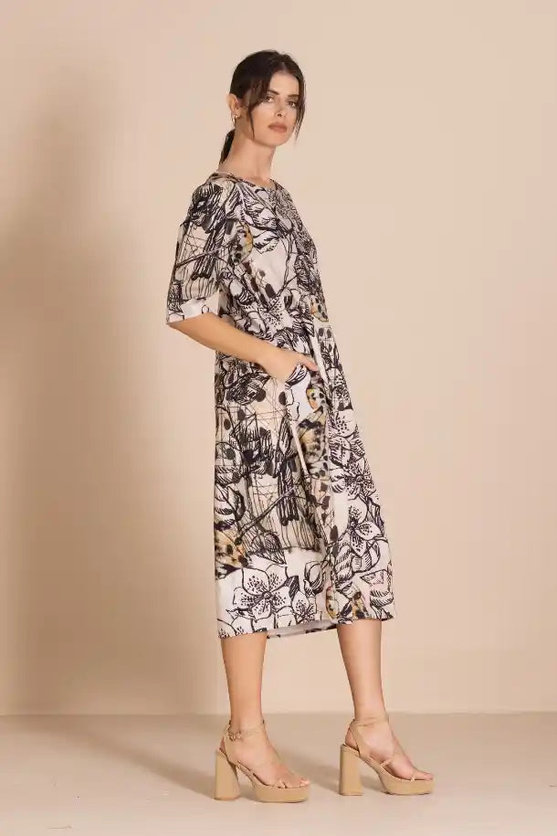 Megan Salmon Rosencrantz Romance Dress in Black, Greys, Beige and Tan