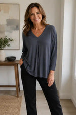 Valia Ashy Vee Neck Top in Denim