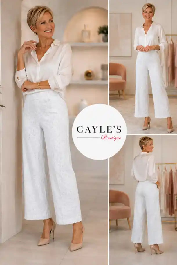 up! Pants Textured Techno Wide Leg Cropped Pants in White