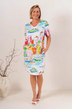 See Saw Linen Soft V-Neck Dress in Seaside Print