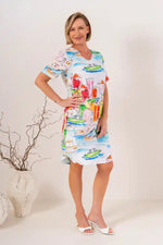 See Saw Linen Soft V-Neck Dress in Seaside Print