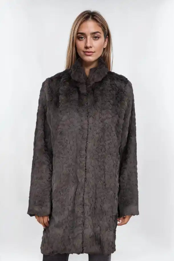 Sabena Zip Front Fur Coat in Sahara Grey