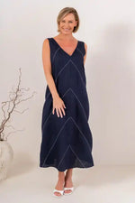 See Saw Embroidery Stitch Dress in Navy and White Stitch