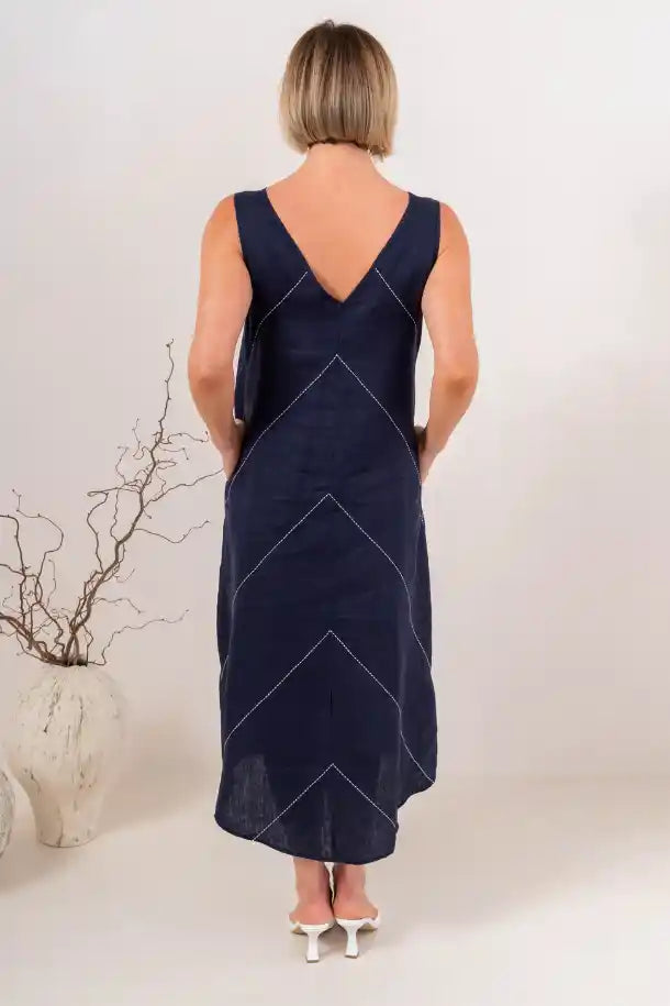 See Saw Embroidery Stitch Dress in Navy and White Stitch