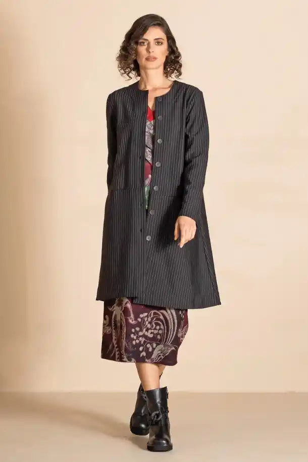 Megan Salmon Pinstripe Quartermaster Coat in Black and White