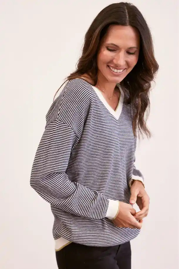See Saw Long Sleeve V-Neck Stripe Sweater in Navy Combo